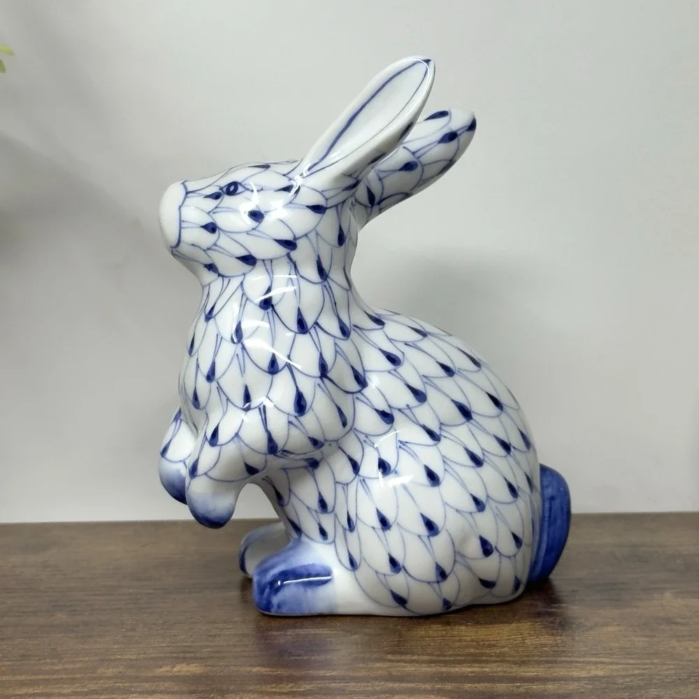 VTG Andrea by Sadek Rabbit Figurine Blue Fishnet Herend Style 5.5